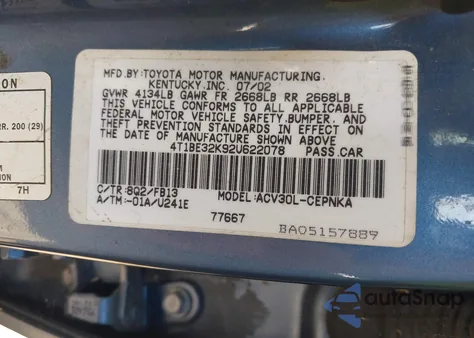 2002 Toyota Camry Le from USA, damaged, VIN 4T1BE32K92U622078